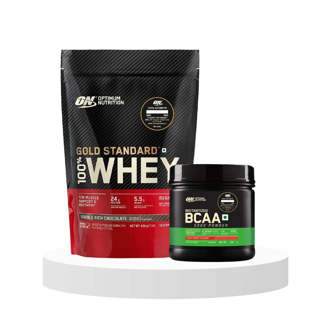 Optimum Nutrition BCAA, 5g BCAAs in 2:1:1 Ratio, (250gm, Fruit Punch) & Optimum Nutrition (ON) Gold Standard 100% Whey Protein Powder 1 lbs, 454 g (Double Rich Chocolate), for Muscle Support & Recovery, Vegetarian - Primary Source Whey Isolate - Nutrition and Fitness Supplements | Buy online on ZillyBuy