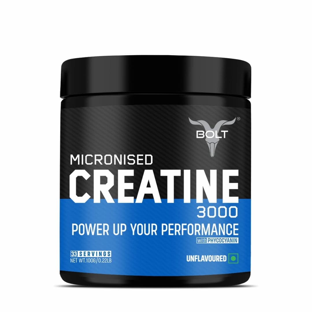 Bolt Micronised Creatine Monohydrate 3000 | With Phycocyanine | Boosts Athletic Performance | Provides Energy Support for Heavy Workout | Formulated In USA | 100 gm (0.22lb), 33 serving | Unflavored