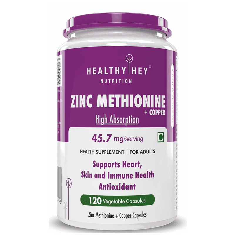 Healthyhey Nutrition Zinc Methionine Plus Copper, Supports Immune and Antioxidant Protection - 120 Veg Capsules - Nutrition and Fitness Supplements | Buy online on ZillyBuy