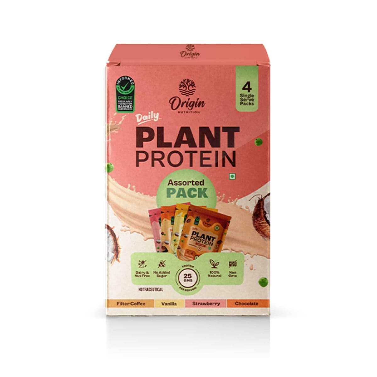 Origin Nutrition Plant Protein Assorted Pack , 162 g (Chocolate, Strawberry, Vanilla and Filter Coffee) - Nutrition and Fitness Supplements | Buy online on ZillyBuy