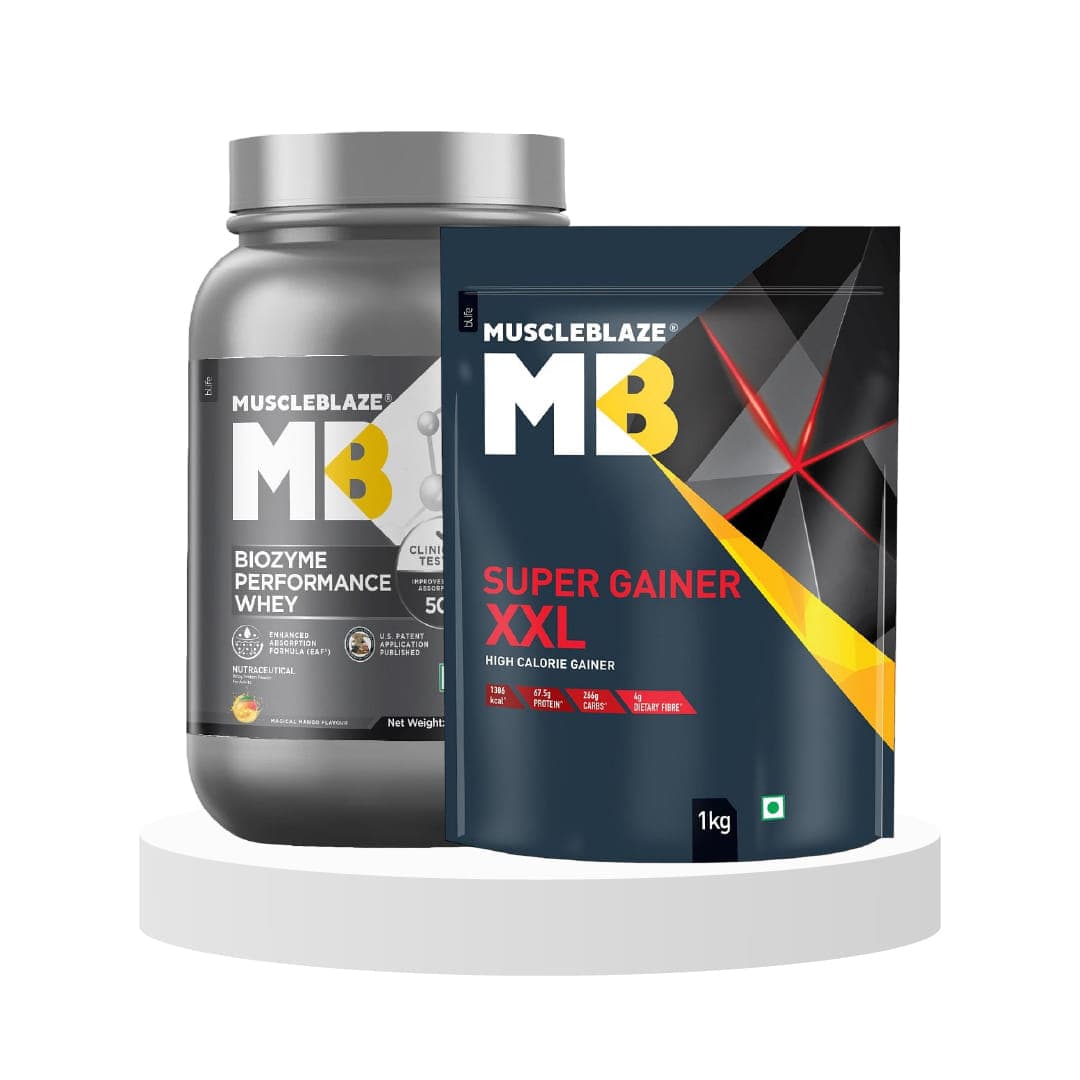 MuscleBlaze Biozyme Performance Whey Protein,Mango,1 kg & Shop MuscleBlaze Super Gainer XXL, Mass Gain (Chocolate Bliss, 1 Kg) - Nutrition and Fitness Supplements | Buy online on ZillyBuy