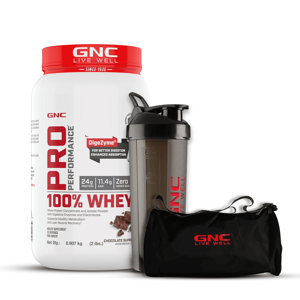 GNC 100% Whey Protein Powder, Gym Bag, Black Plastic Shaker Trio | Chocolate Supreme | 2 lbs | Speeds Up Muscle Recovery | Boosts Lean Muscle Growth | DigeZyme For Easy Digestion GNC 100% Whey Protein Powder, Gym Bag, Black Plastic Shaker Trio | Chocolat
