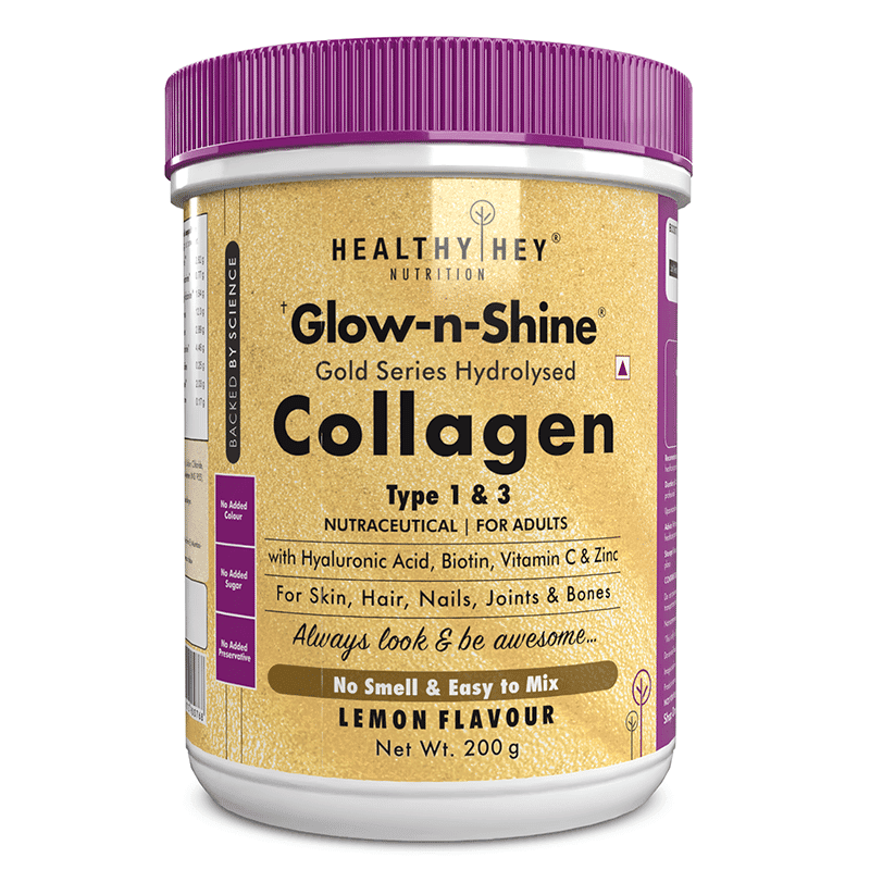 HealthyHey Nutrition Skin Support - Glow & Shine Collagen Power 200g | Gold Series Hydrolysed Collagen for Women and Men with Hyaluronic Acid, Biotin, Vitamin C, and E for Healthy Skin, Hair and Nails - (Lemon, 200Gm)