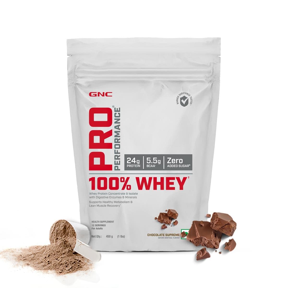 GNC Pro Performance 100% Whey Protein Powder | Boosts Strength & Endurance | Builds Lean Muscles | Fastens Muscle Recovery | Formulated In USA | 24g Protein | 5.5g BCAA | Chocolate Supreme | 450g