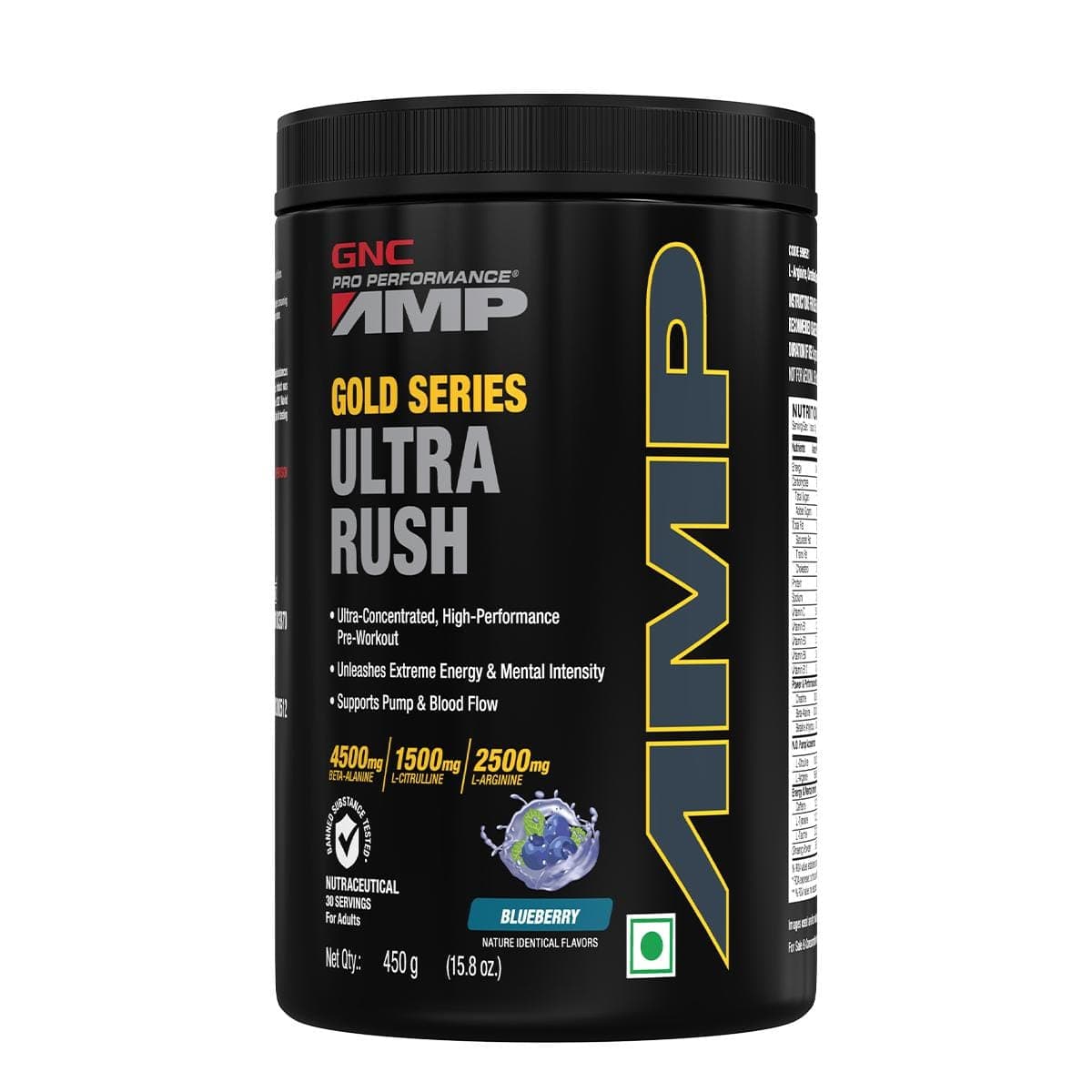 GNC AMP Gold Series Ultra Rush | Maximum Energy & Stamina | Deep Mental Focus | Powerful Muscle Pump | USA Formulated | 4.5g Beta-Alanine | 1.5g L-Citrulline | 2.5g L-Arginine | Blue Raspberry | 450 g