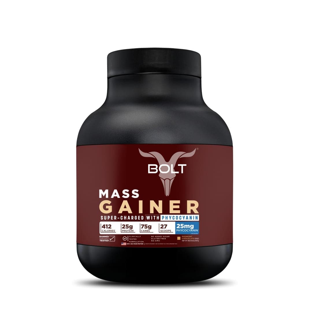 Bolt Mass Gainer | Weight Gainer | Supercharge with Phycocyanin | 25g Protein, 75g Carbs & 412 Calories For Muscle Gainer & Weight Gain Objectives | 2LB/907g (9 Servings) | Piedmont Chocolate