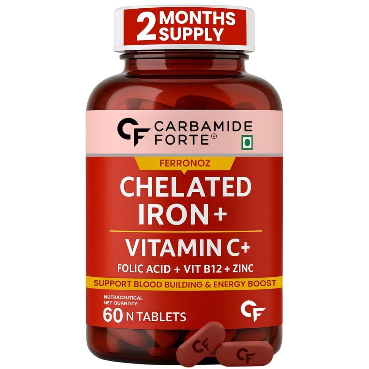 Carbamide Forte Chelated Iron + Vitamin C, B12, Folic Acid & Zinc - 60 Veg Tablets - Nutrition and Fitness Supplements | Buy online on ZillyBuy