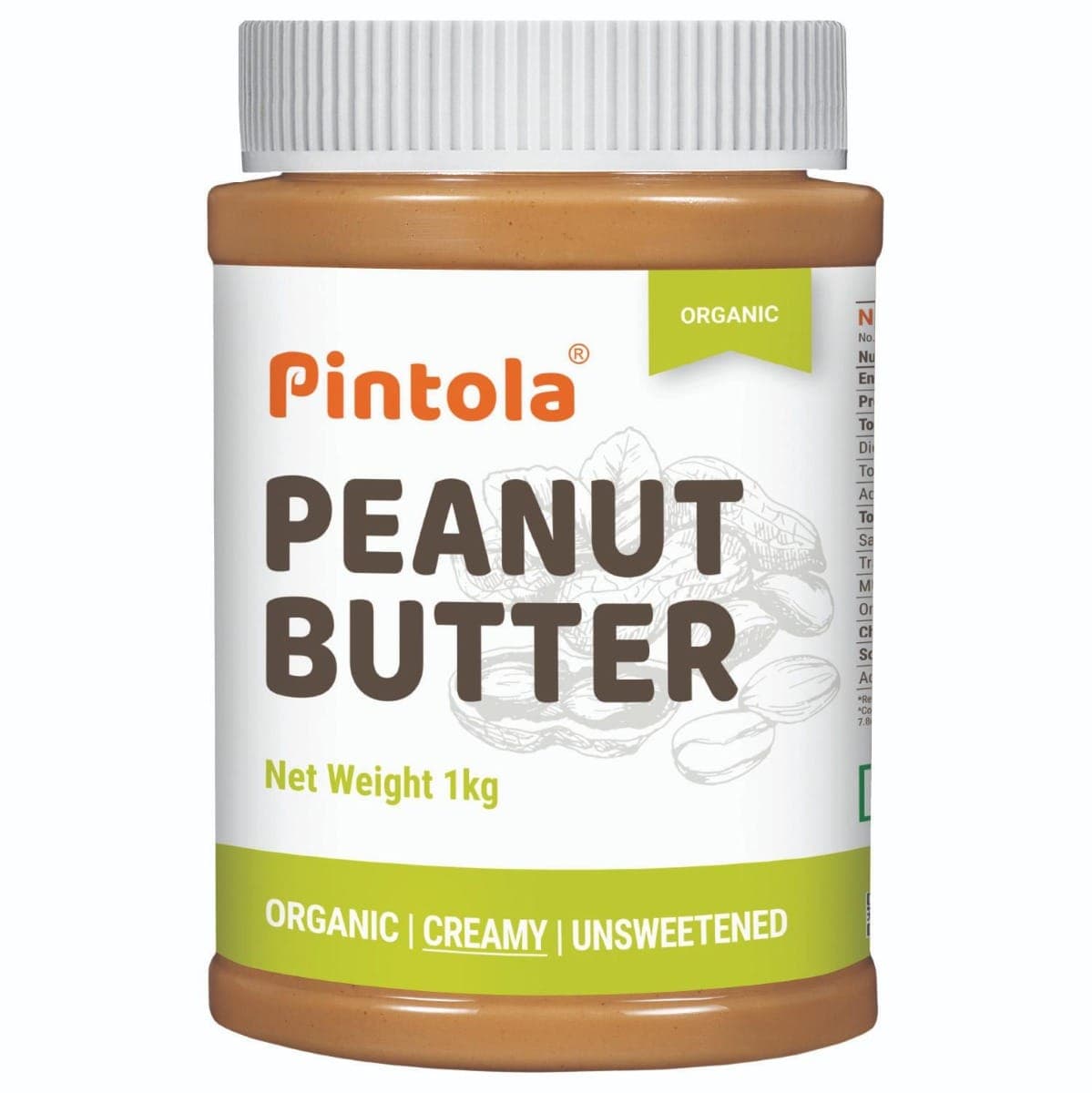 Pintola Organic Peanut Butter High in protein & fiber | Naturally Gluten-Free, Zero Added Sugar, Zero Cholestrol |Unsweetened, Creamy, 1kg