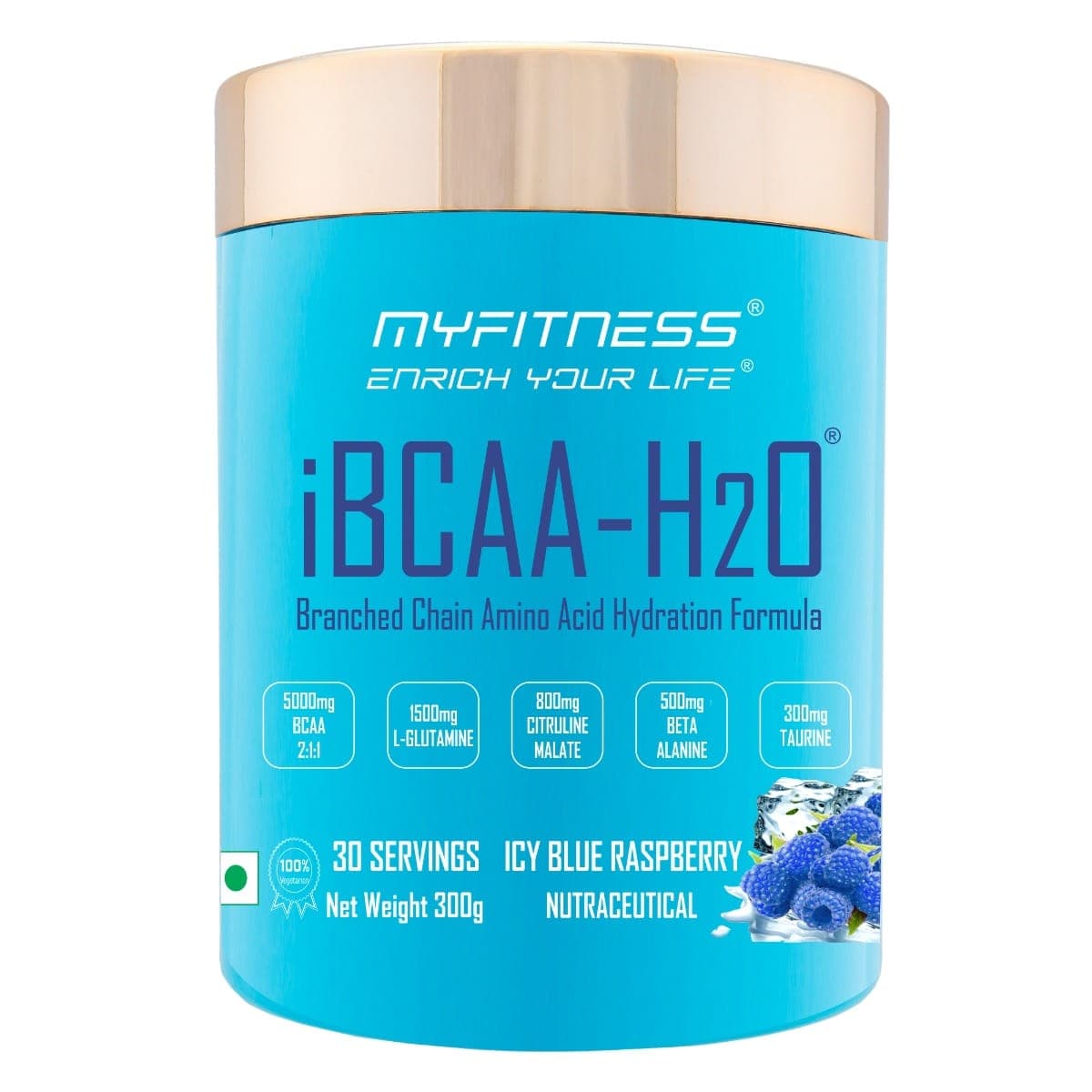 MYFITNESS ® iBCAA-H2O BCAA 30 Servings|5000mg BCAA 2:1:1| 1500mg L-Glutamine|800mg Citruline Malate| 500mg Beta Alanine|300mg Taurine| 850mg Electrolyte Blend |Icy Blue Raspberry| 300gms - Nutrition and Fitness Supplements | Buy online on ZillyBuy