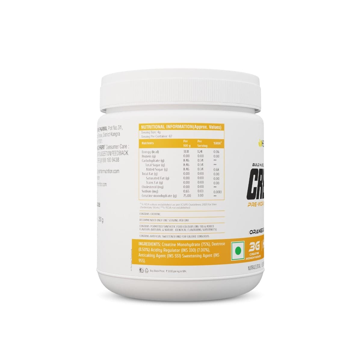 HF Series Creamax Flavoured Creatine Monohydrate 250g Healthfarm Crea3X for Build Muscle & Recovery (250g, Orange Burst)