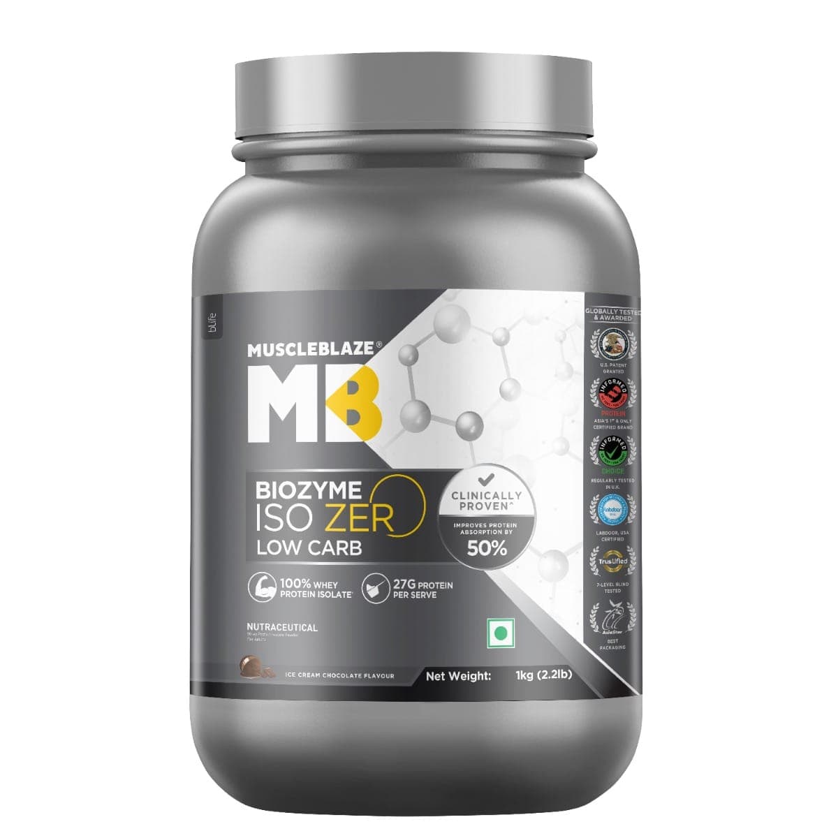 MuscleBlaze Biozyme Iso-Zero, Low Carb Whey Protein Isolate, 27 g Isolate Whey Per Scoop (Ice Cream Chocolate, 1 kg / 2.2 lb) with USA Patent-Published Enhanced Absorption Formula (EAF®), Informed Choice UK, Labdoor USA Certified - Nutrition and Fitness Supplements | Buy online on ZillyBuy
