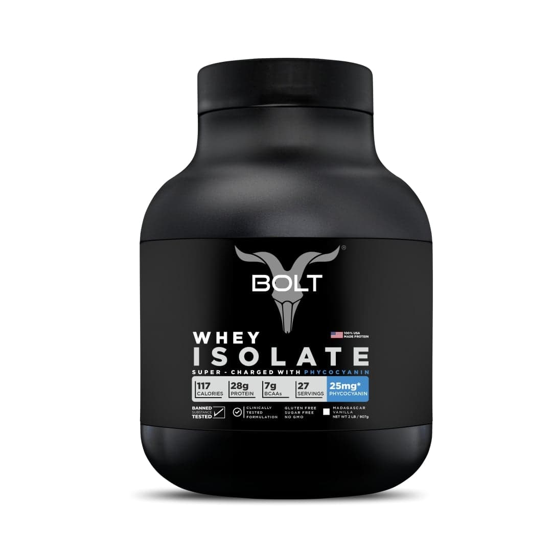 Bolt 100% Whey Isolate Protein 907g | Madagascar Vanilla | 27 Servings |25g Protein | 25mg Phycocyanin | Performance enhancer | Build lean muscles | Muscle recovery