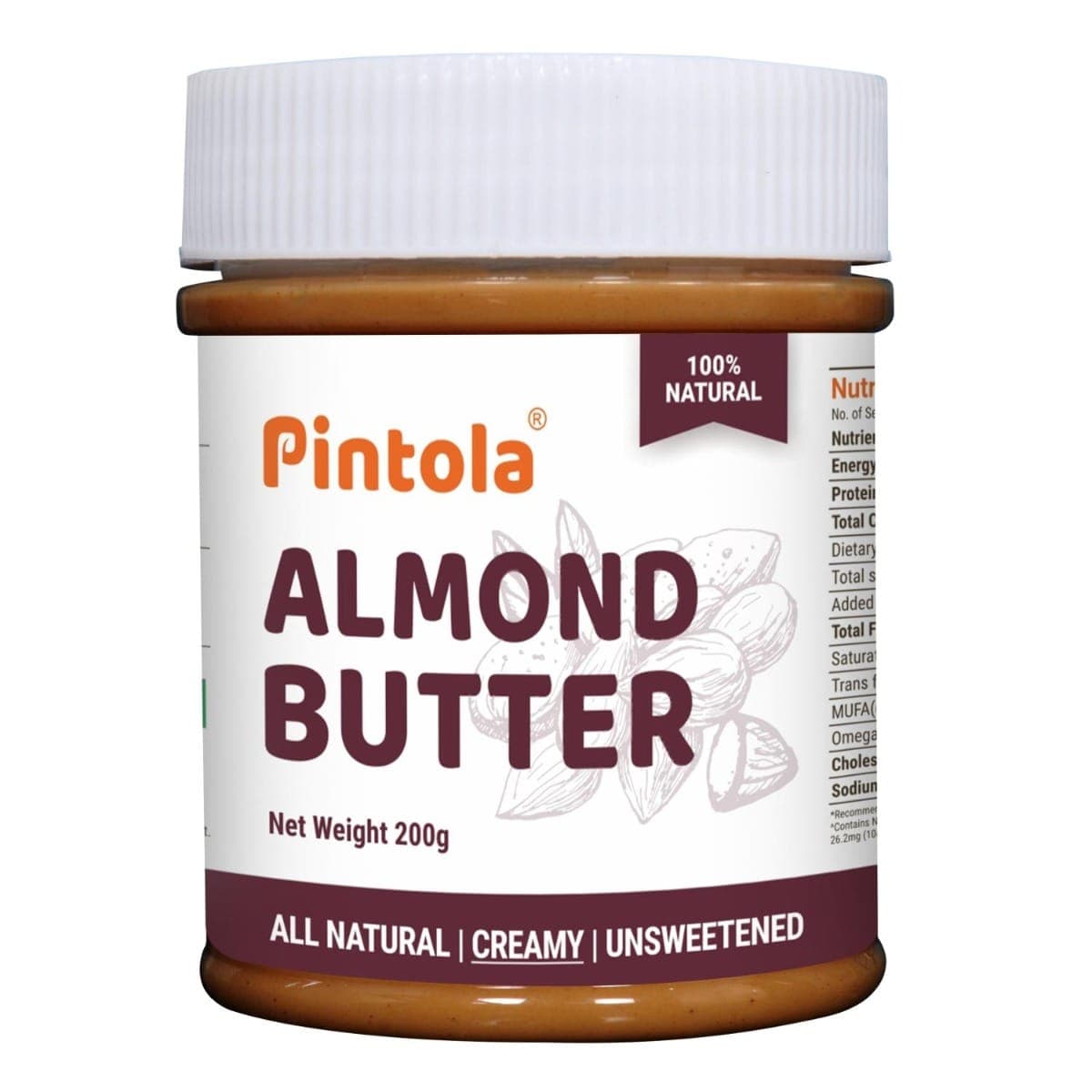Pintola All Natural Almond Butter Made With Premium Almonds Only | Rich In Protein, Naturally Gluten-Free, Zero Added Sugar| Unsweetened, Creamy, 200g
