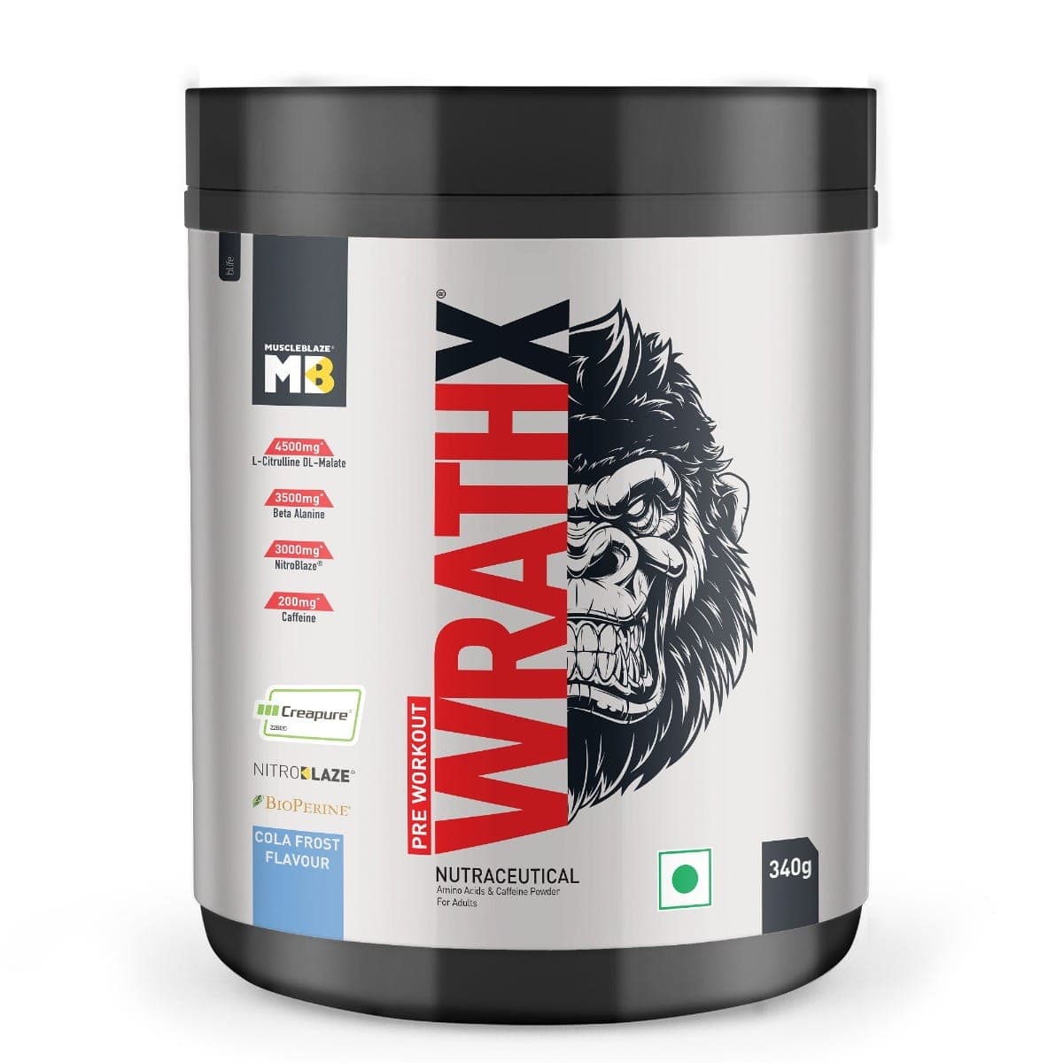 MuscleBlaze Pre Workout WrathX with Creapure®️, Nitroblaze &amp;amp; BioPerine (Cola Frost, 340 g, 20 Servings) MuscleBlaze Pre Workout WrathX with Creapure®️, Nitroblaze &amp; BioPerine (Cola Frost, 340 g, 20 Servings)