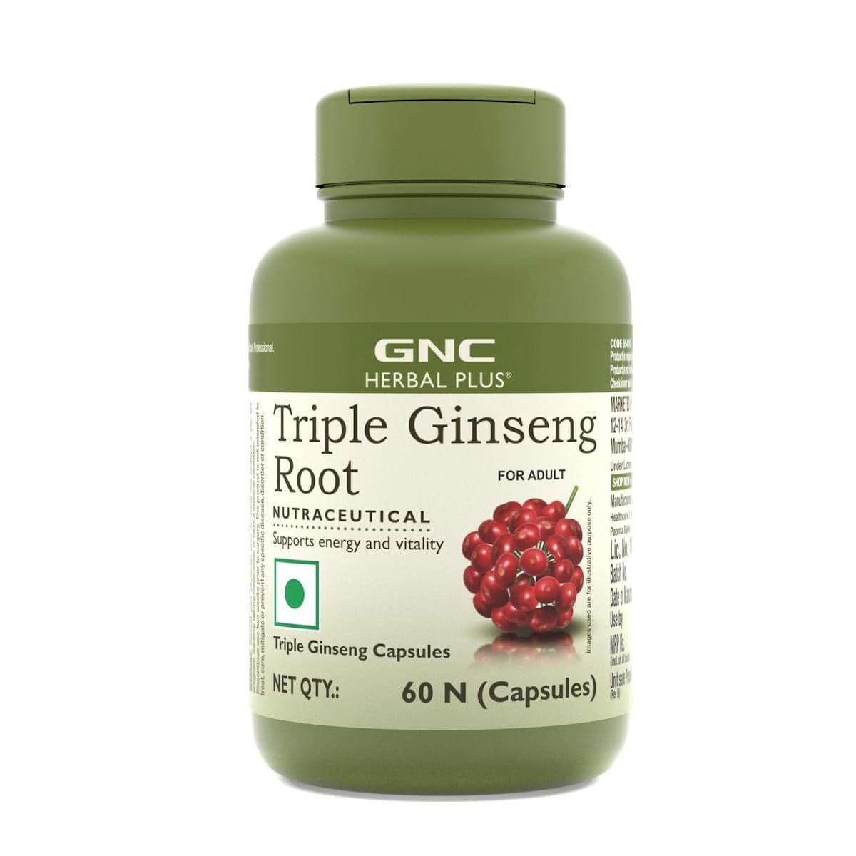 GNC Herbal Plus Triple Ginseng Root with Korean, American & Siberian Ginseng | Enhances Immunity | Boosts Strength & Stamina | Improves Alertness & Concentration | Formulated in USA | 60 Capsules
