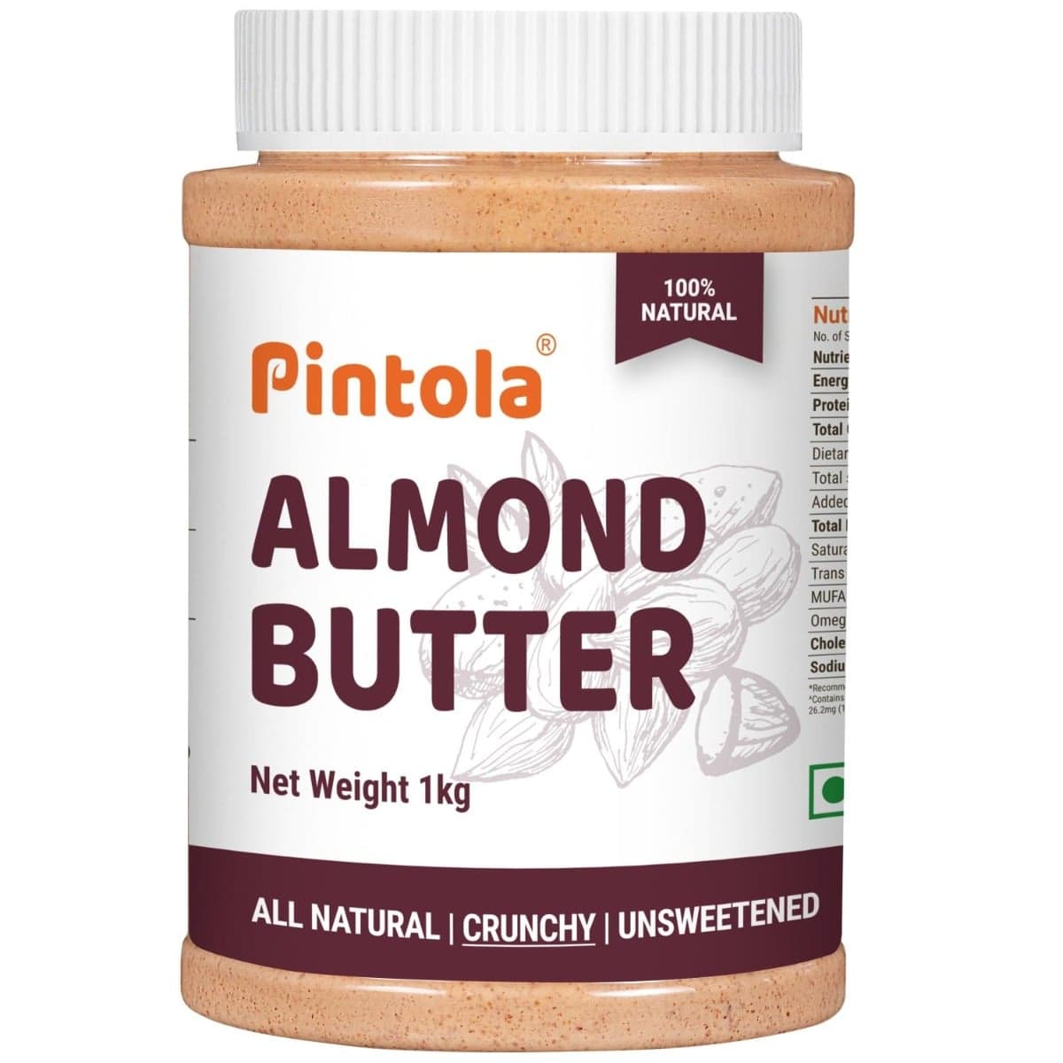 Pintola All Natural Almond Butter Made With Premium Almonds Only | Rich In Protein, Naturally Gluten-Free, Zero Added Sugar| Unsweetened, Crunchy, 1kg