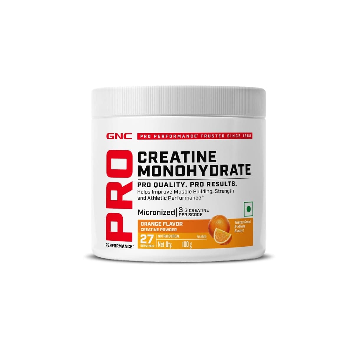 GNC Pro Performance Pure Micronized Creatine Monohydrate | 100 gm | Instantized | Fuels Muscles | Increase Muscle Mass | Rapid Absorption | Lab Tested | Orange | Boosts Athletic Performance | Imported