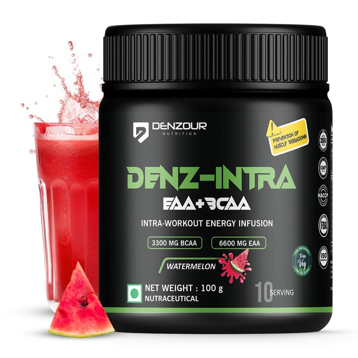 DENZOUR NUTRITION Denz - Intra Workout Powder, Most Explosive Muscle Pump, Energy Infusion Formula with 3300mg BCAA, 6600mg EAA for Men and Women - Watermelon, 100g (10 Servings)