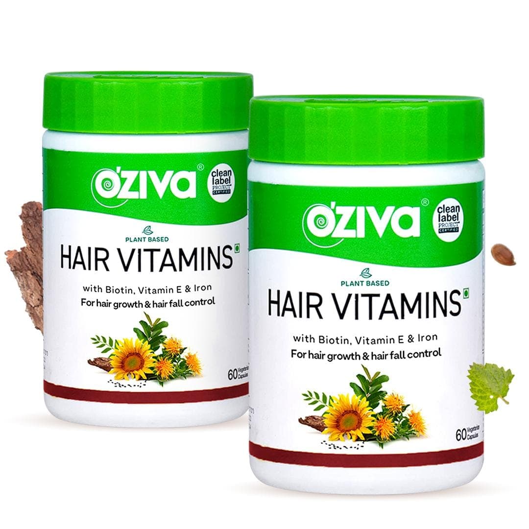 OZiva Hair Vitamins Capsules for Hair Growth |100% Natural with Biotin, Iron, DHT Blocker & Vitamin EIClinically Proven Hair Growth Supplements for Women & Men (2 Months, Progress Pack)