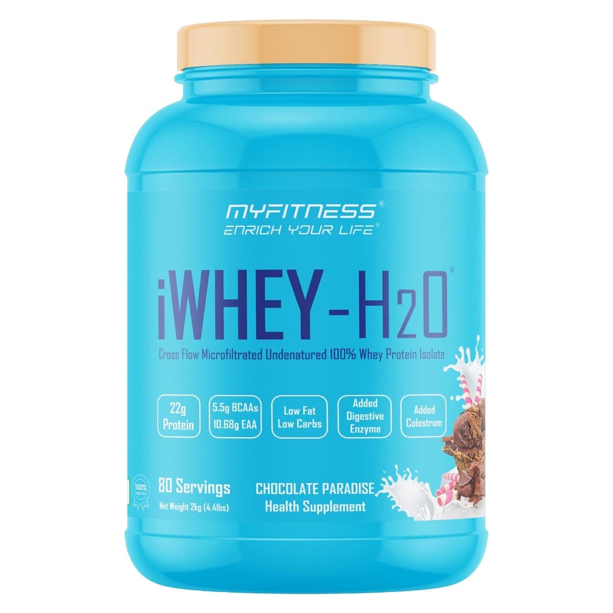 MYFITNESS iWHEY- H2O 80 Servings|Whey Protein Isolate| 88% Premium Whey Protein Isolate Per Serving|5.5g BCAA| 10.68g EAA| Added Digestive Enzyme|Added Colostrum |Low Fat Low Carbs|Chocolate Paradise |2000gms - Nutrition and Fitness Supplements | Buy online on ZillyBuy