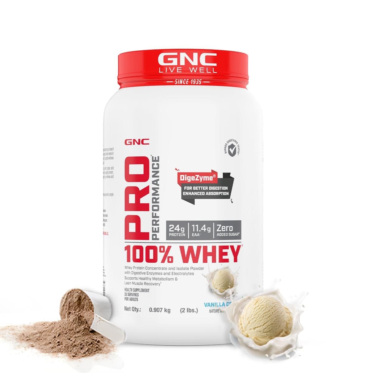 GNC Pro Performance 100% Whey Protein Powder | Boosts Strength & Endurance | Builds Lean Muscles | Fastens Muscle Recovery | Formulated In USA | 24g Protein | 5.5g BCAA | Vanilla Cream | 2 lbs