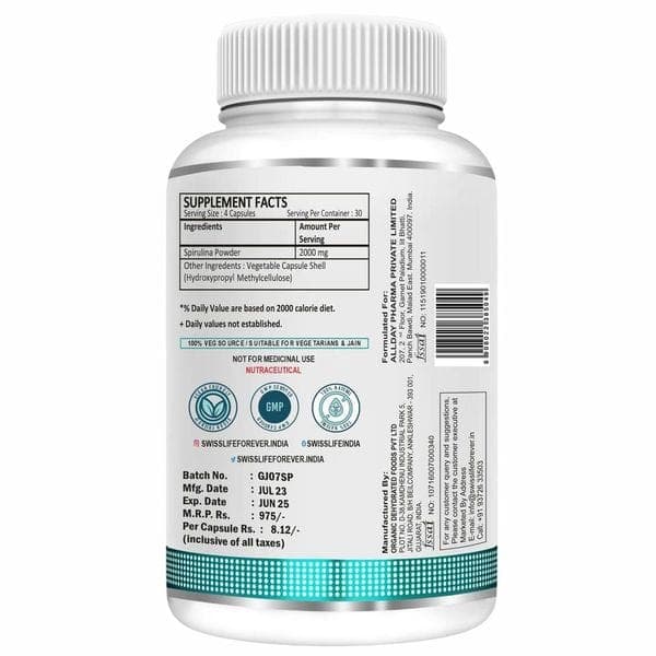 SwissLife Forever Spirulina 2000mg |Superfood | For Weight Management, Immune Support and Optimal Health | Supports Heart Health- 120 Veg Capsules SwissLife Forever Spirulina 2000mg |Superfood | For Weight Management, Immune Support and Optimal Health | - Nutrition and Fitness Supplements | Buy online on ZillyBuy