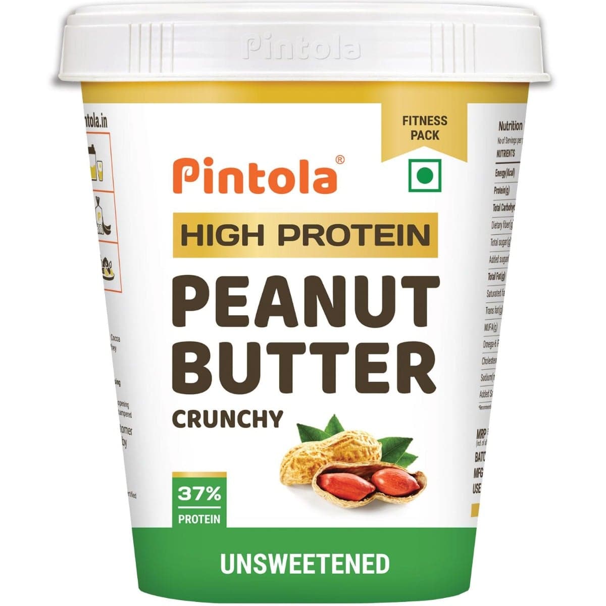Pintola All Natural High Protein Peanut Butter Made With 100% Roasted Peanuts | High In Fiber, Naturally Gluten-Free, No Added Sugar | Unsweetened, Crunchy, 1kg - Nutrition and Fitness Supplements | Buy online on ZillyBuy
