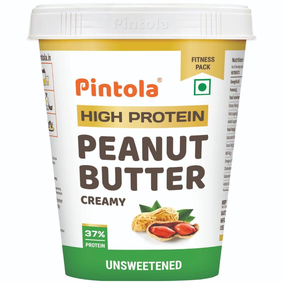 Pintola All Natural High Protein Peanut Butter Made With 100% Roasted Peanuts | High In Fiber, Naturally Gluten-Free, No Added Sugar | Unsweetened, Creamy, 510g