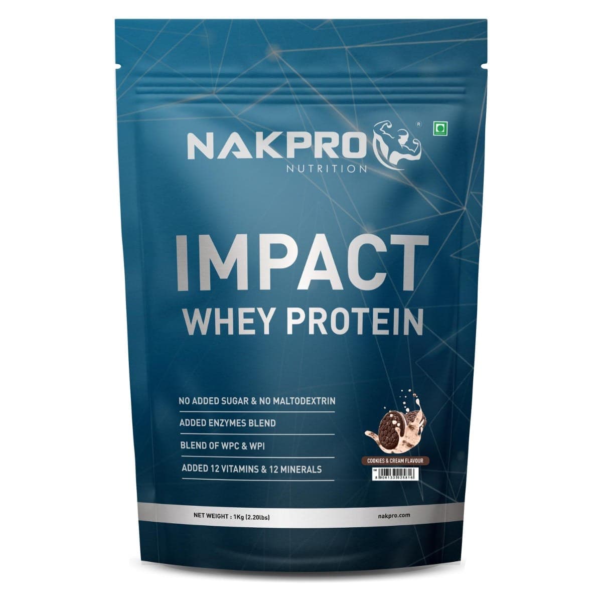 NAKPRO Impact Whey Protein 1kg | Isolate & Concentrate | 24g Protein & 4.9g BCAA | With Digestive Enzymes for better Absorption | NABL Lab Tested 100% Authentic Supplement Powder - Cookies & Cream Flavour - Nutrition and Fitness Supplements | Buy online on ZillyBuy