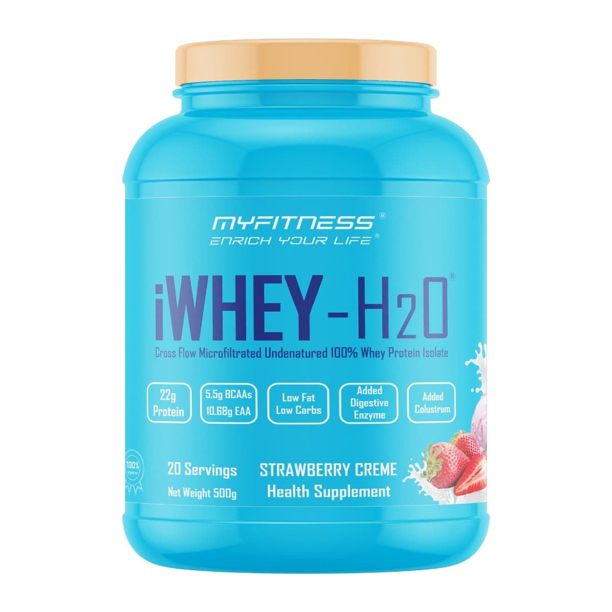 MYFITNESS iWHEY- H2O 20 Servings|Whey Protein Isolate| 88% Premium Whey Protein Isolate Per Serving|5.5g BCAA| 10.68g EAA| Added Digestive Enzyme|Added Colostrum |Low Fat Low Carbs|Strawberry Creme |500gms - Nutrition and Fitness Supplements | Buy online on ZillyBuy