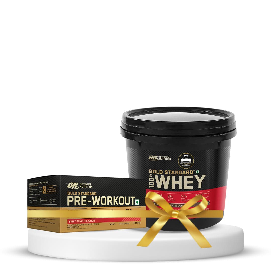 Optimum Nutrition (ON) Gold Standard 100% Whey Protein Powder 4 Kg (Double Rich Chocolate) & Optimum Nutrition (ON) Gold Standard Pre-Workout- 142.5g/15 single serve packs (Fruit Punch Flavor) - Nutrition and Fitness Supplements | Buy online on ZillyBuy