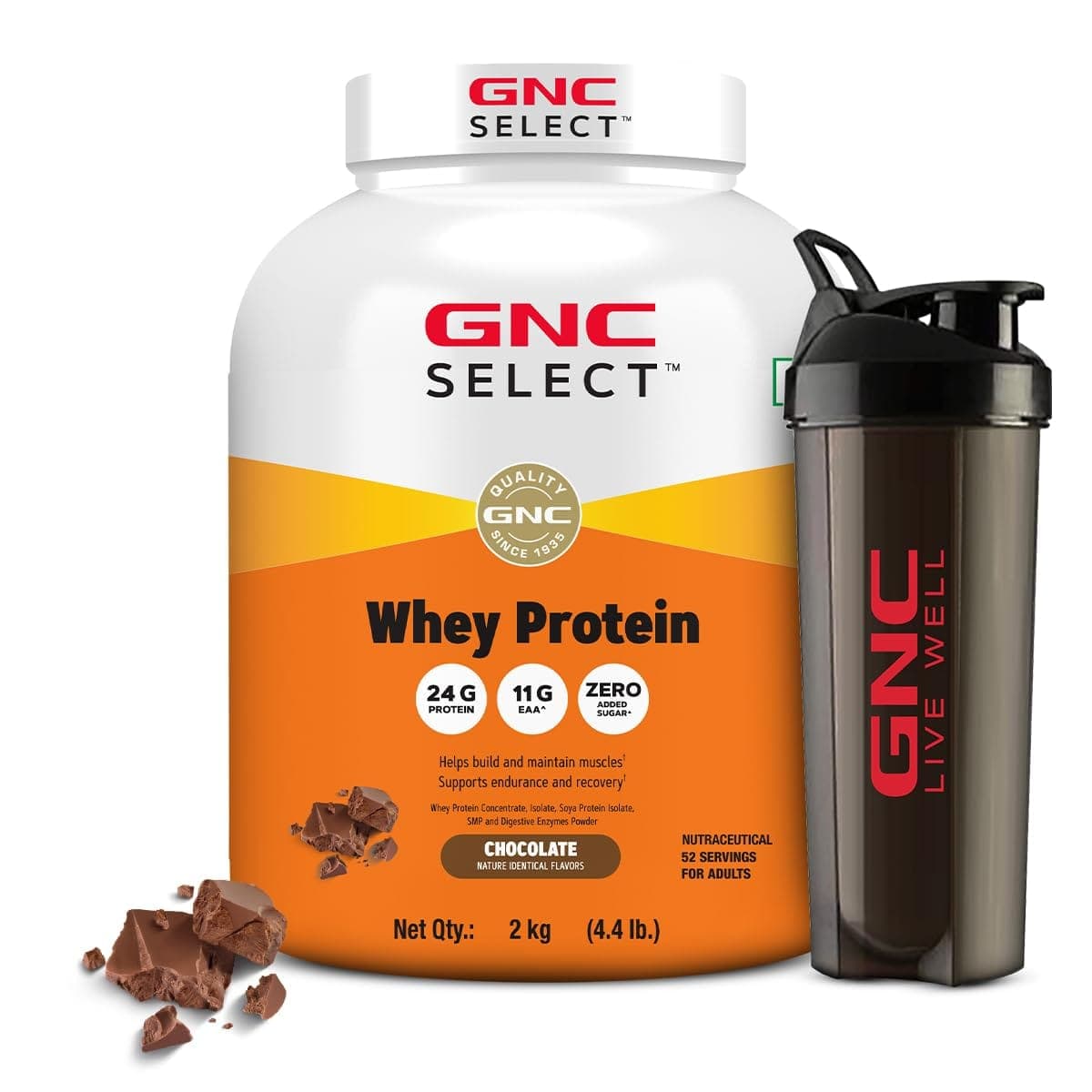 GNC Select 100% Whey Protein Powder With Free Shaker | 4.4 LBS (2KG) | Chocolate | Faster Muscle Recovery | 24 Gm Protein | Boosts Strength & Endurance | Zero Added Sugar | Builds Lean Muscles.