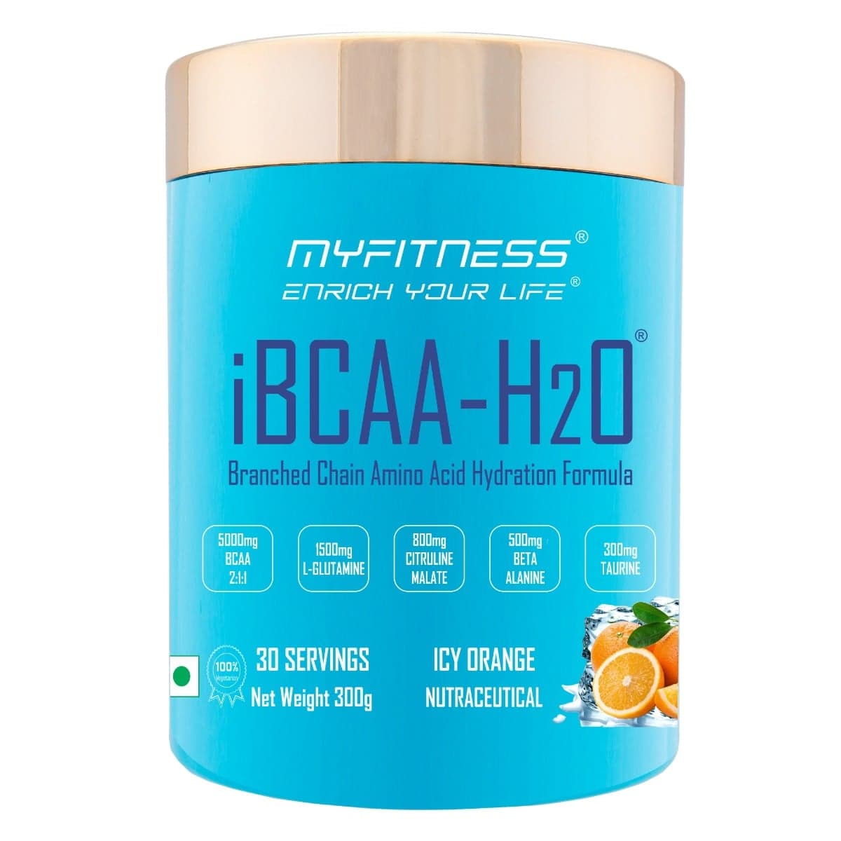 MYFITNESS ® iBCAA-H2O BCAA 30 Servings|5000mg BCAA 2:1:1| 1500mg L-Glutamine|800mg Citruline Malate| 500mg Beta Alanine|300mg Taurine| 850mg Electrolyte Blend | Icy Orange| 300gms - Nutrition and Fitness Supplements | Buy online on ZillyBuy