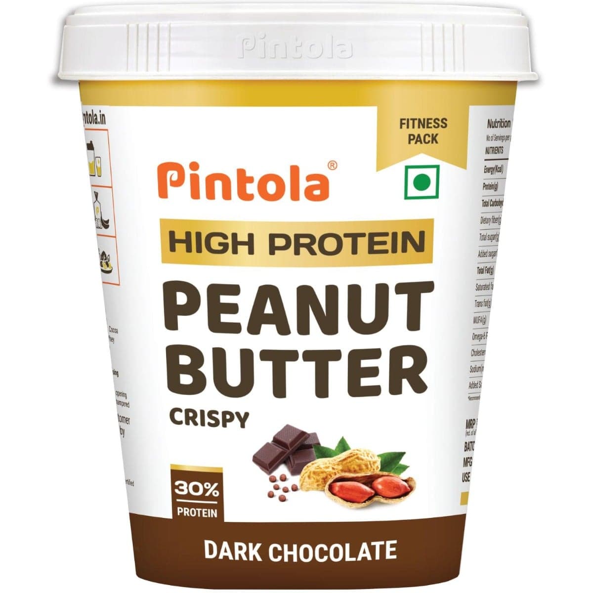 Pintola HIGH Protein Peanut Butter Dark Chocolate | 30% Protein | High Fibre | NO Salt | Non GMO, Naturally Gluten Free, Zero Cholesterol | Crispy, 1kg