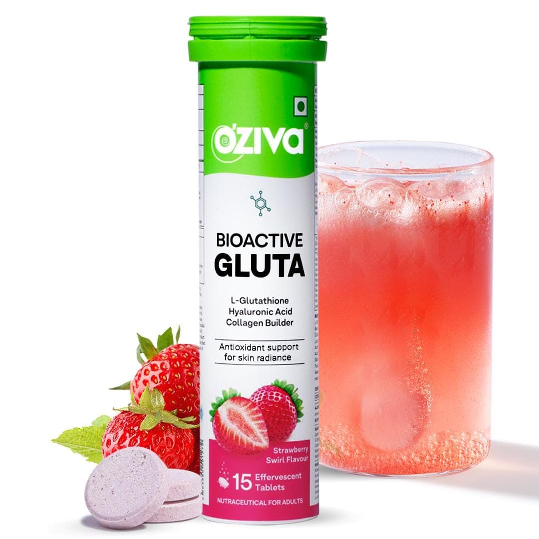 OZiva Bioactive Gluta Fizzy ( L-Glutathione, Hyaluronic Acid, Asthaxanthin, Lycopene & Collagen Builder) to Reduce Cellular Damage - Strawberry swirl, Pack of 1 (15 Tablets)