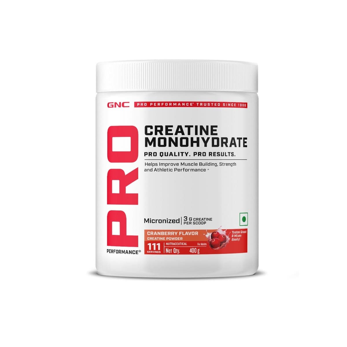 GNC Pro Performance Creatine Monohydrate | 400 gm | Boosts Athletic Performance | Micronized &amp;amp; Instantized | Fuels Muscles | Provides Energy Support for Heavy Workout | Cranberry GNC Pro Performance Creatine Monohydrate | 400 gm | Boosts Athletic