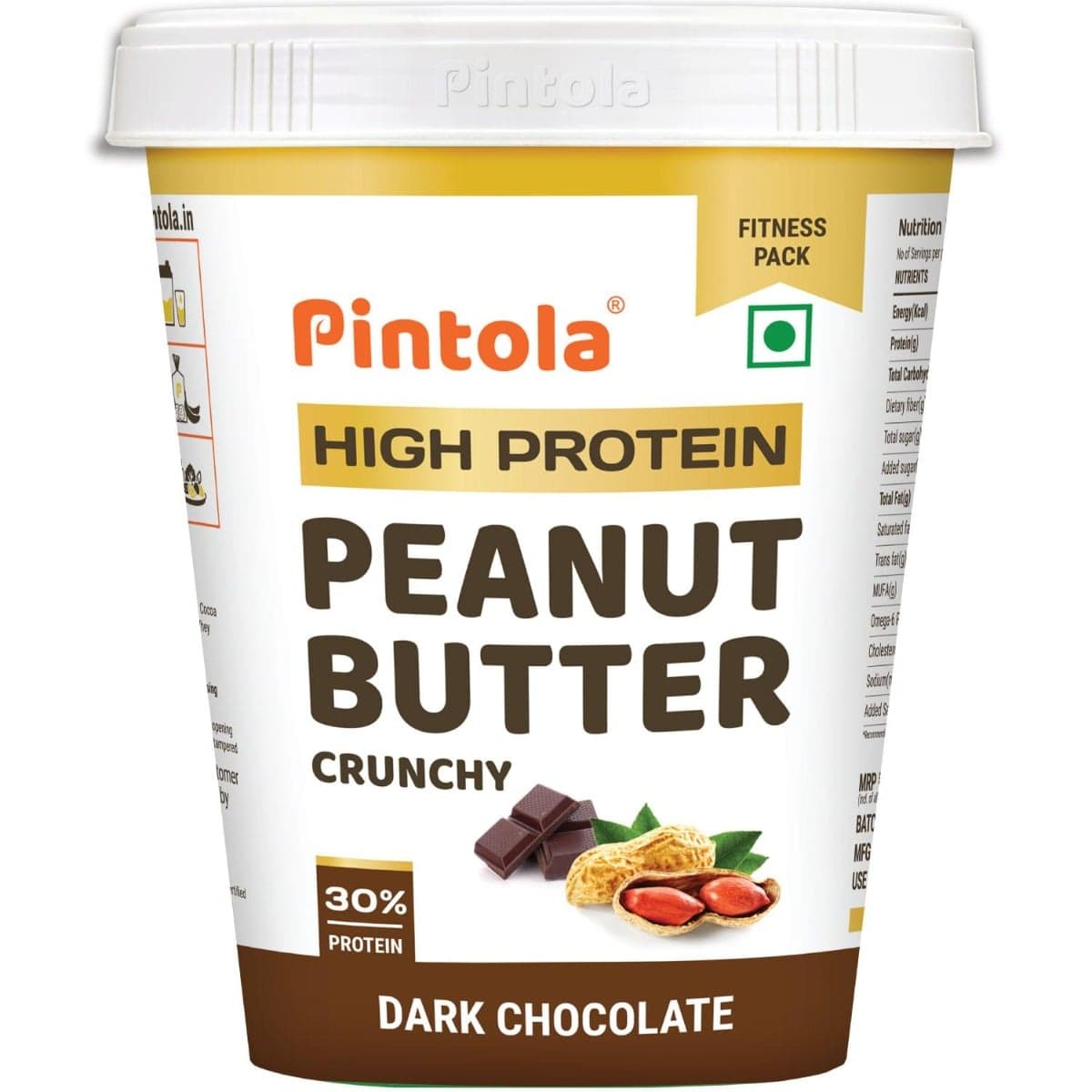 Pintola HIGH Protein Peanut Butter Dark Chocolate | 30% Protein | High Fibre | NO Salt | Non GMO, Naturally Gluten Free, Zero Cholesterol | Crunchy, 1kg