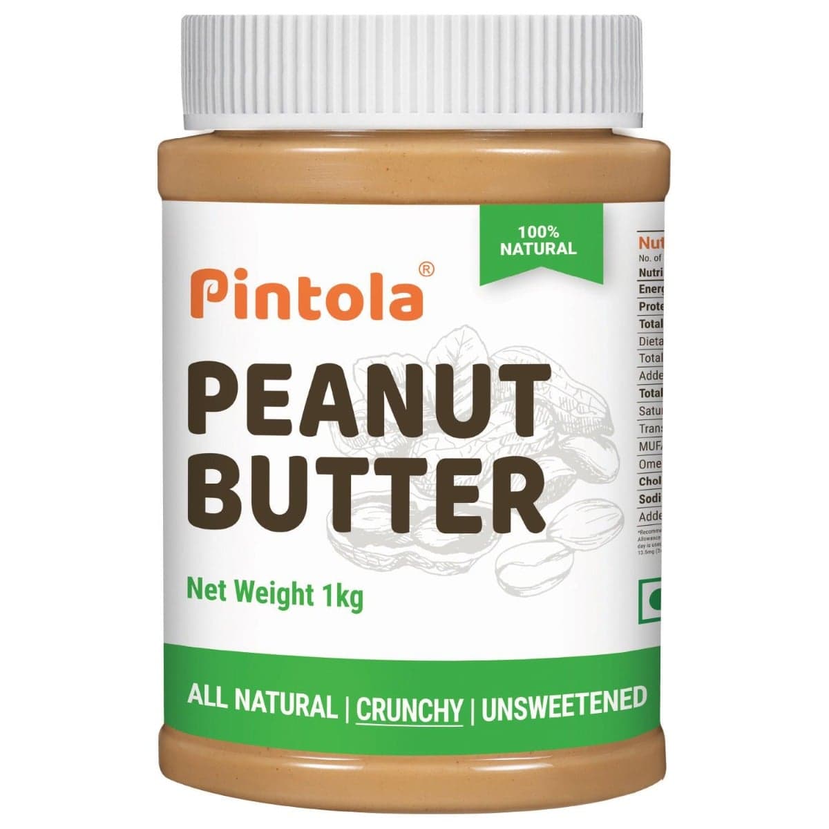 Pintola All Natural Peanut Butter | Rich in Fiber, 30g Protein | Non GMO, Naturally Gluten Free, Cholesterol Free | Unsweetened, Crunchy, 1kg
