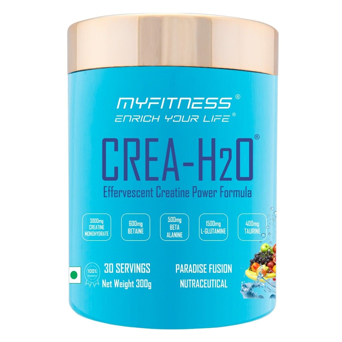 MYFITNESS ® CREA-H2O Creatine Monohydrate  30 Servings| 3000mg Creatine Monohydrate|600mg Betaine|500mg Beta Alanine|500mg L-Glutamine|600mg Electrolyte Blend|Fizzy Paradise Fusion| 300gms - Nutrition and Fitness Supplements | Buy online on ZillyBuy