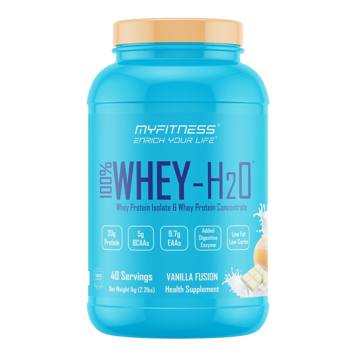 MYFITNESS 100% WHEY-H2O 40 Servings |Whey Protein Powder| Whey Protein Isolate First Source Whey Protein Concentrate Second Source|80% Protein Per Serving| 5g BCAA| 9.7g EAA| Added Digestive Enzyme|Low Fat Low Carbs|Vanilla Fusion|1000gms - Nutrition and Fitness Supplements | Buy online on ZillyBuy