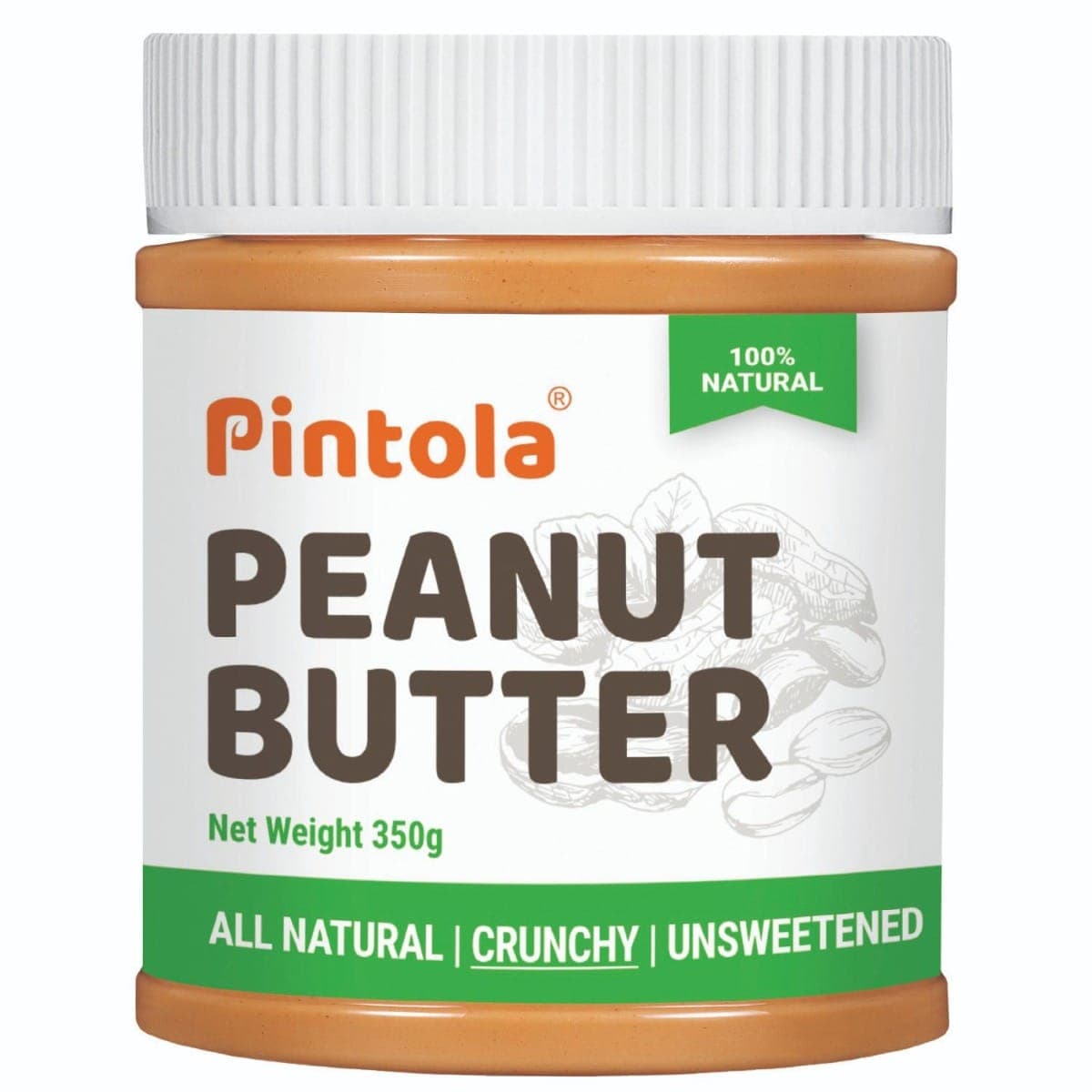 Pintola All Natural Peanut Butter | Rich in Fiber, 30g Protein | Non GMO, Naturally Gluten Free, Cholesterol Free | Unsweetened, Crunchy, 350g