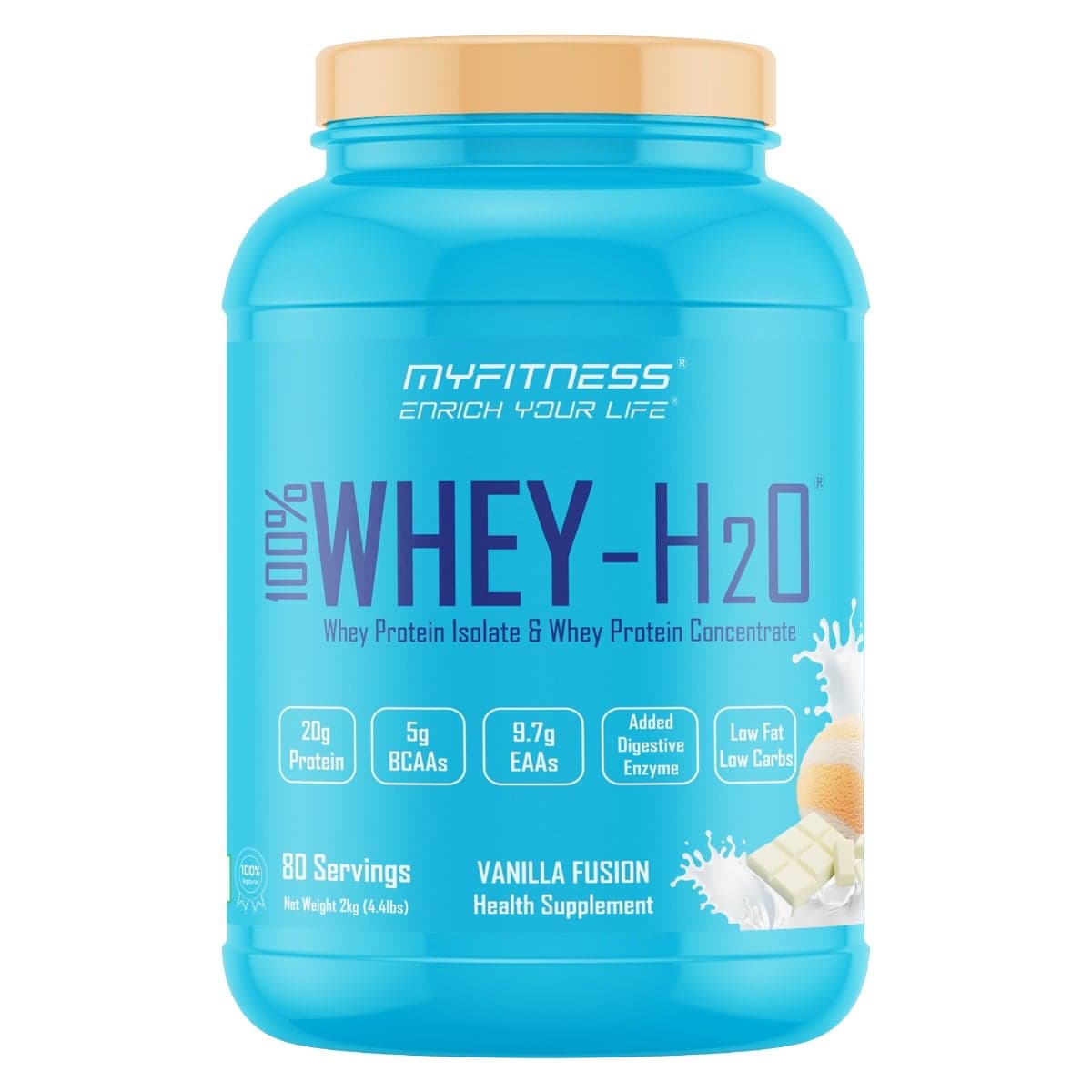 MYFITNESS 100% WHEY-H2O 80 Servings |Whey Protein Powder| Whey Protein Isolate First Source Whey Protein Concentrate Second Source|80% Protein Per Serving| 5g BCAA| 9.7g EAA| Added Digestive Enzyme|Low Fat Low Carbs|Vanilla Fusion|2000gms - Nutrition and Fitness Supplements | Buy online on ZillyBuy