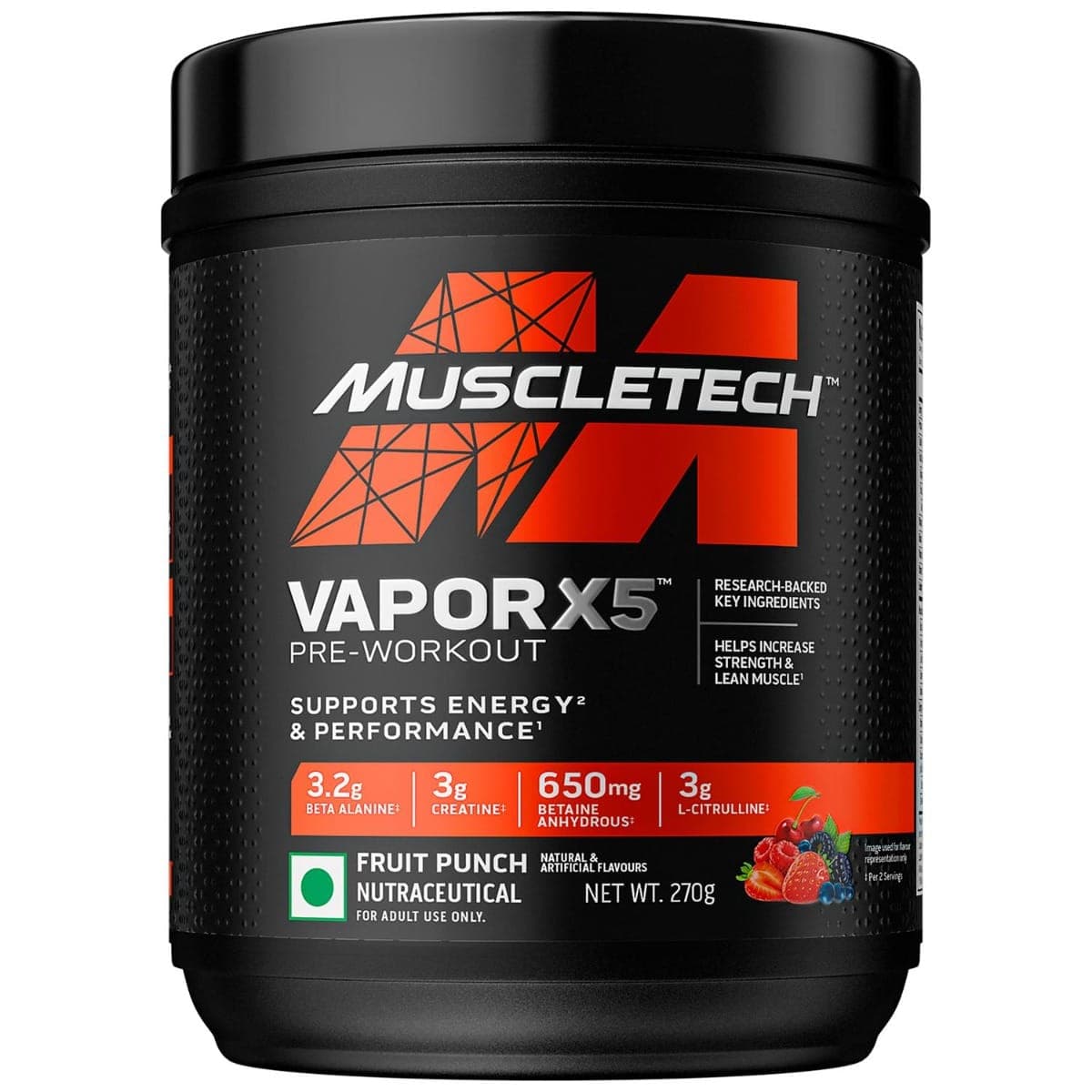 MuscleTech Vapor X5 Pre Workout Powder Support Energy and Performance with Creatine Monohydrate, Beta Alanine, L-Citrulline & Caffeine - Fruit Punch Blast, 30 Servings, 270g - Nutrition and Fitness Supplements | Buy online on ZillyBuy