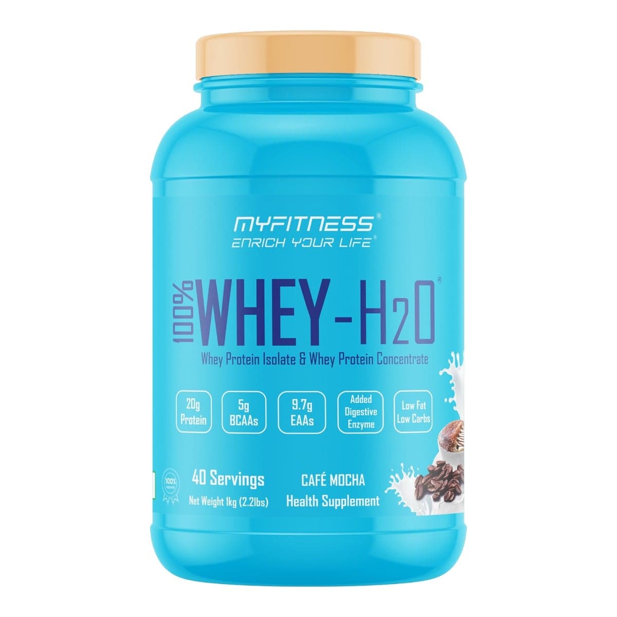 MYFITNESS ® 100% WHEY-H2O 40 Servings |Whey Protein Powder| Whey Protein Isolate First Source Whey Protein Concentrate Second Source|80% Protein Per Serving| 5g BCAA| 9.7g EAA| Added Digestive Enzyme|Low Fat Low Carbs|Cafe Mocha |1000gms - Nutrition and Fitness Supplements | Buy online on ZillyBuy