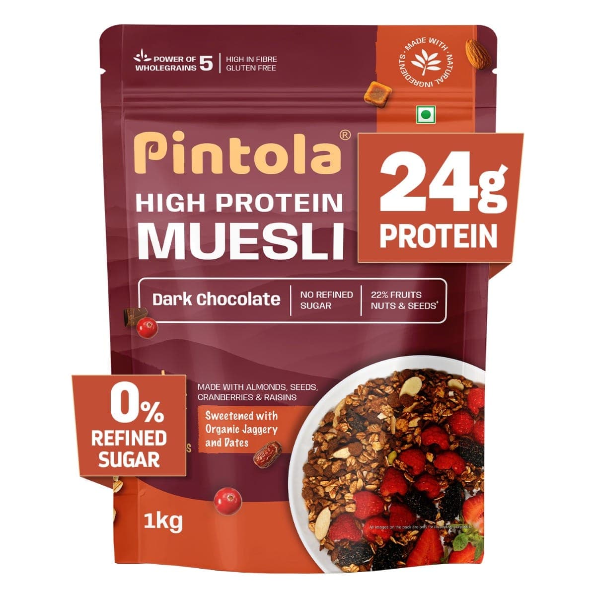 Pintola High Protein Muesli Dark Chocolate &amp; Cranberry 1kg, 24g Protein, High Fibre, Trans Fat Free with Brown Sugar, Real Fruits, Muesli for Breakfast Food, Muselies Fruit Nuts and Seeds 1 kg Pintola High Protein Muesli Dark Chocolate & Cranberry 1k