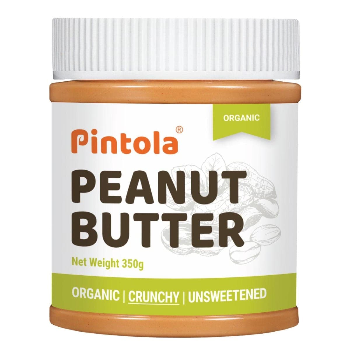 Pintola Organic Peanut Butter High in protein & fiber | Naturally Gluten-Free, Zero Added Sugar, Zero Cholestrol |Unsweetened, Crunchy, 350g