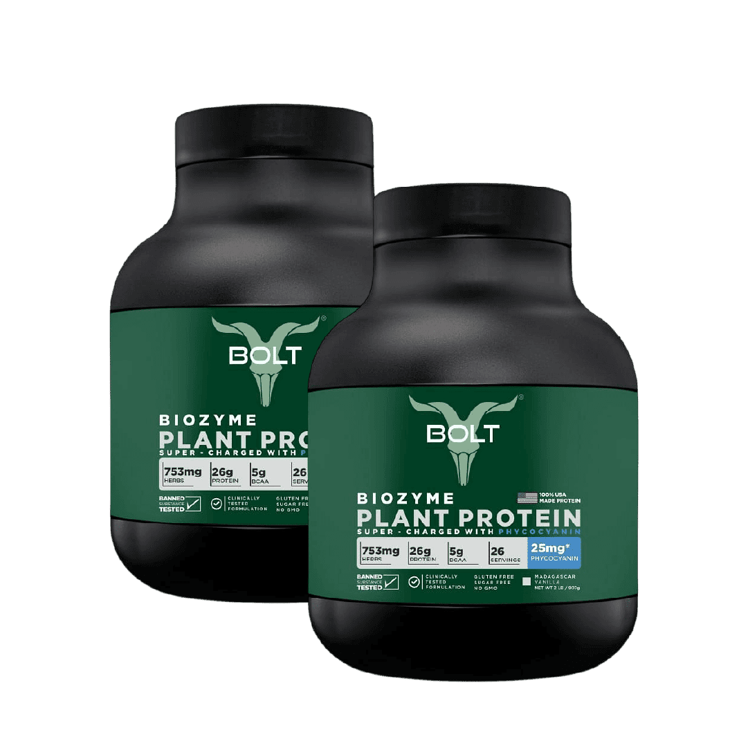 Bolt Biozyme Plant Protein Super-Charged With Phycocyanin, 26 g Protein | 2 lb, 907g Bolt Biozyme Plant Protein 907g | Madagascar Vanilla | 26 Servings | 26g Protein | 25mg Phycocyanin | Quick muscle recovery | Lean muscle growth
