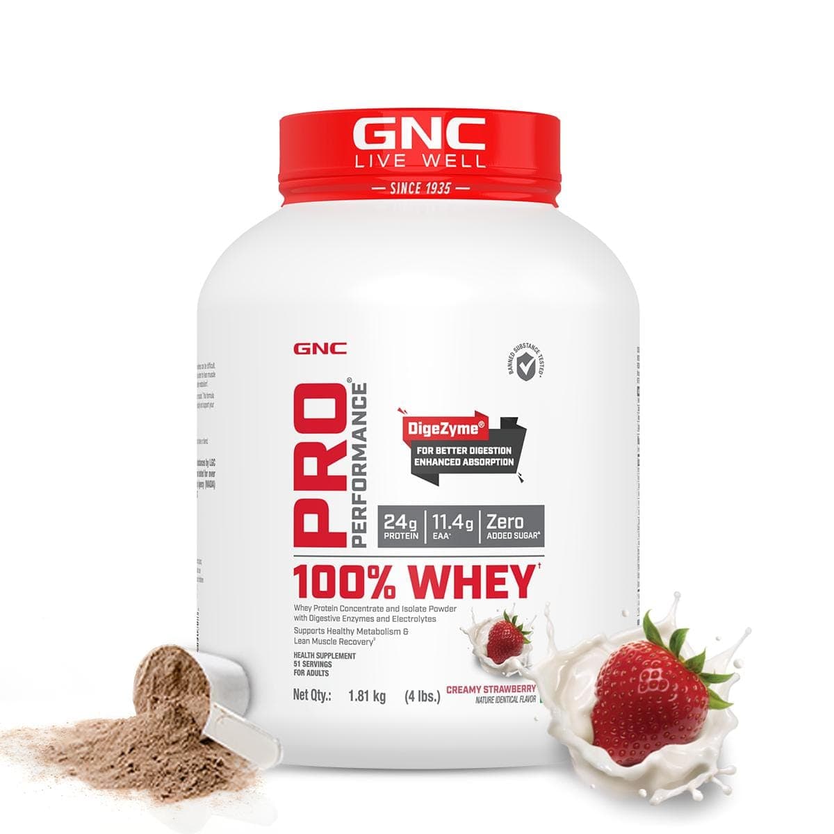 GNC Pro Performance 100% Whey Protein Powder | Boosts Strength & Endurance | Builds Lean Muscles | Fastens Muscle Recovery | Formulated In USA | 24g Protein | 5.5g BCAA | Creamy Strawberry | 4 lbs