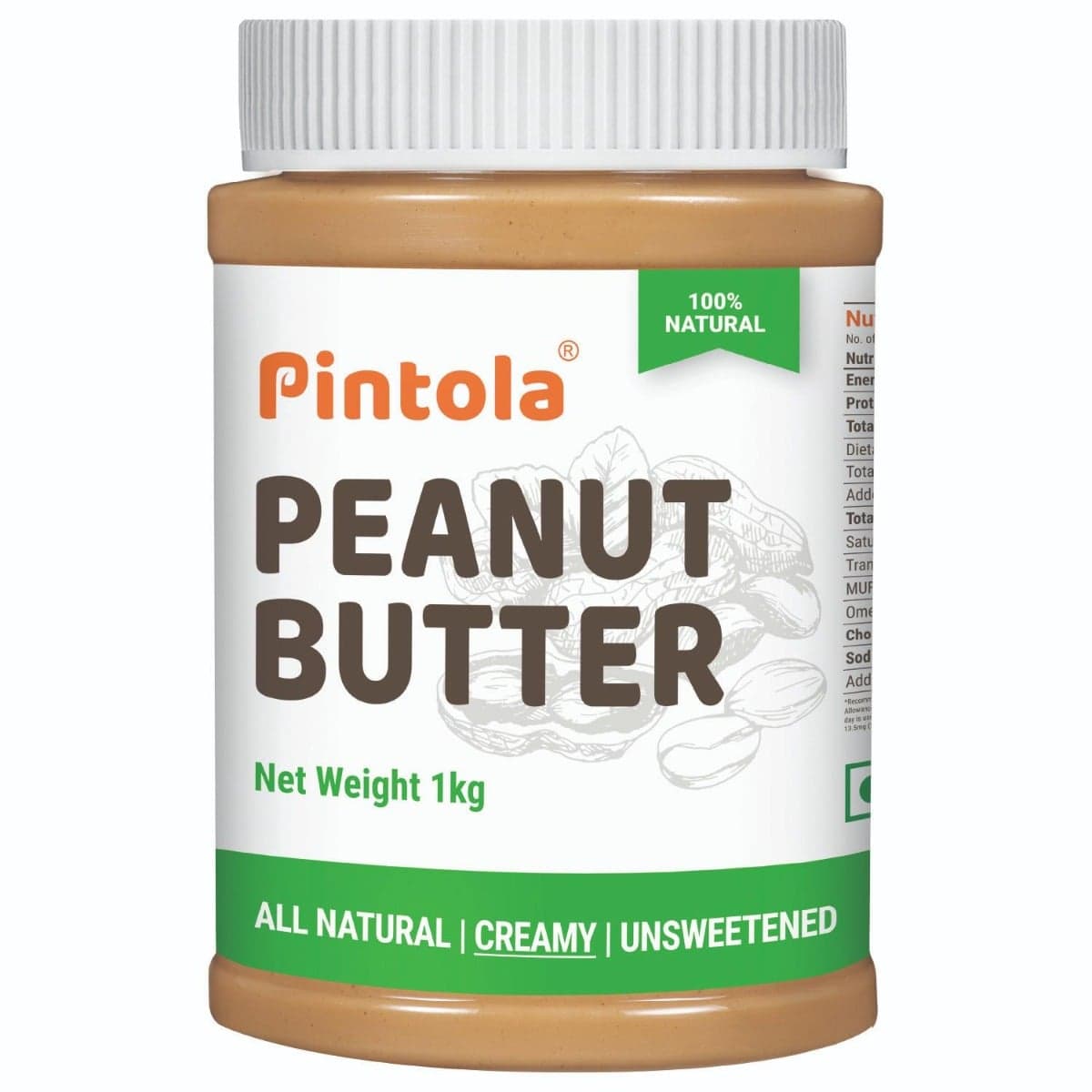 Pintola All Natural Peanut Butter | Rich in Fiber, 30g Protein | Non GMO, Naturally Gluten Free, Cholesterol Free | Unsweetened, Creamy, 1kg
