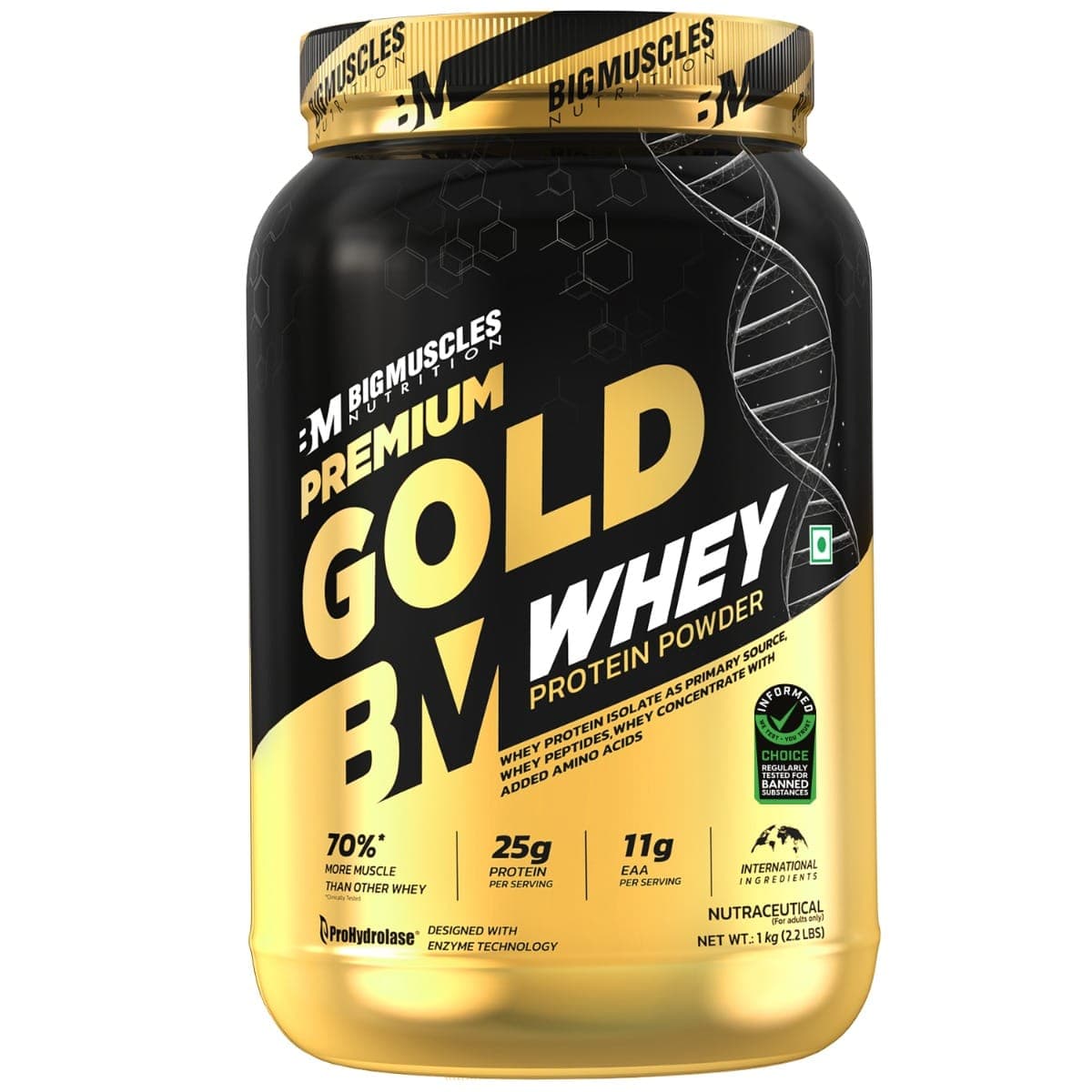Bigmuscles Nutrition Premium Gold Whey | Informed Choice UK Certified | Isolate Whey Protein Blend | 25g Protein | 11g EAA | ProHydrolase Enzyme Technology- (1kg, Malai Kulfi) - Nutrition and Fitness Supplements | Buy online on ZillyBuy